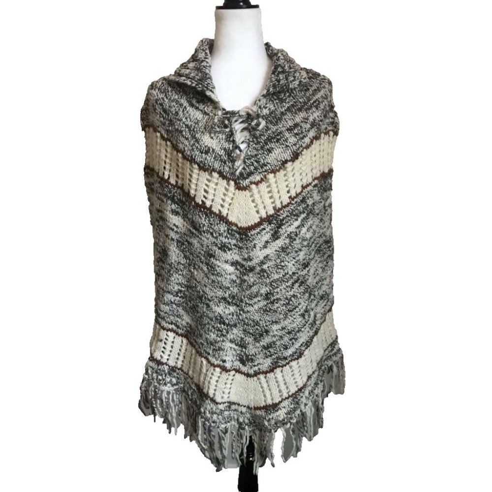 Vintage Handknit Wool Poncho Cape Shawl Cowichan Sweater Fringe Gray Marled